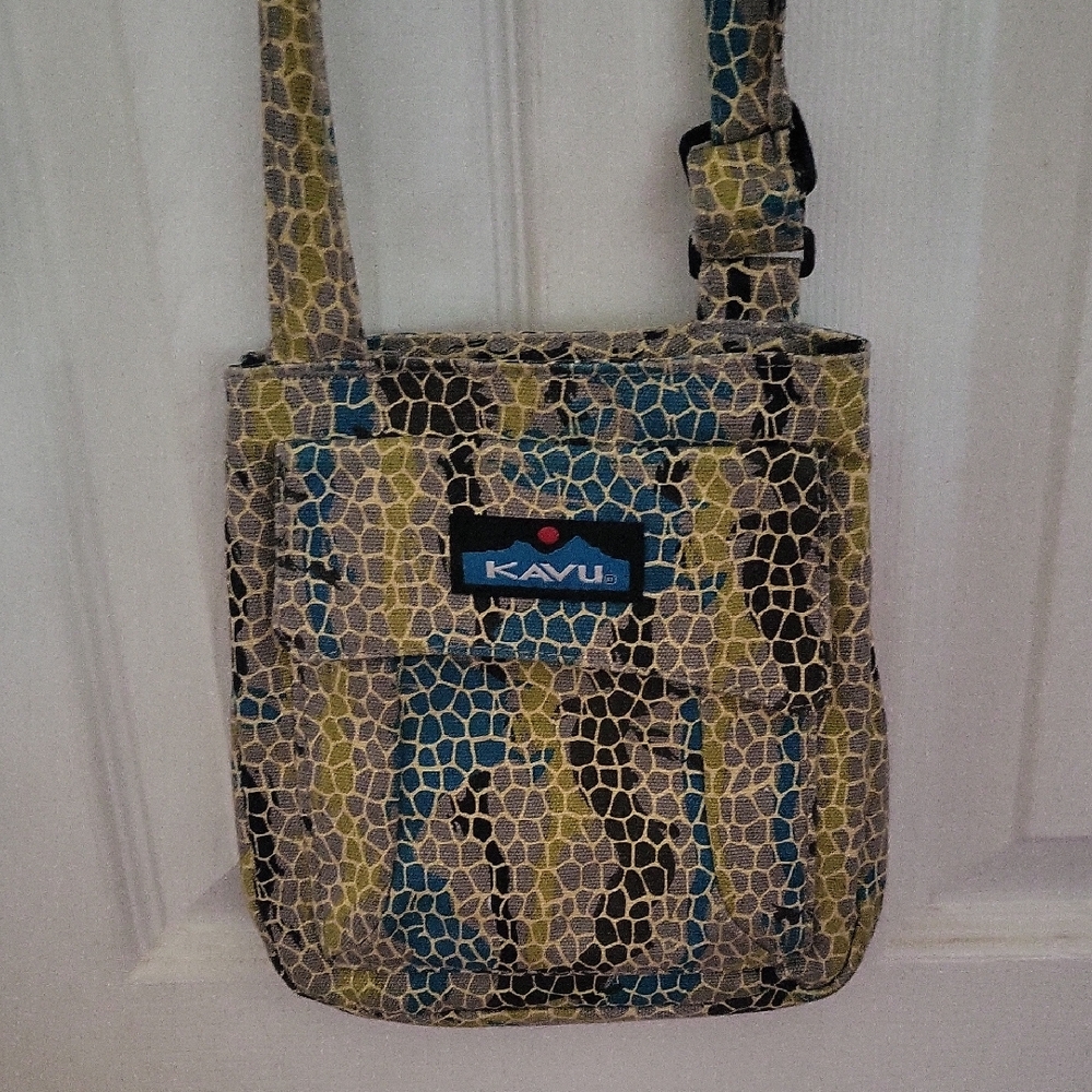 Kavu Mosaic Crossbody Bag in Teal, Olive, and Beige